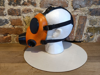 Sample: Dual Port Orange Painted FM12 Stroker Gas Mask Size 3 (Black Parts)