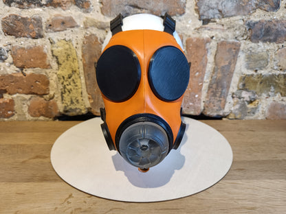 Sample: Dual Port Orange Painted FM12 Stroker Gas Mask Size 3 (Black Parts)
